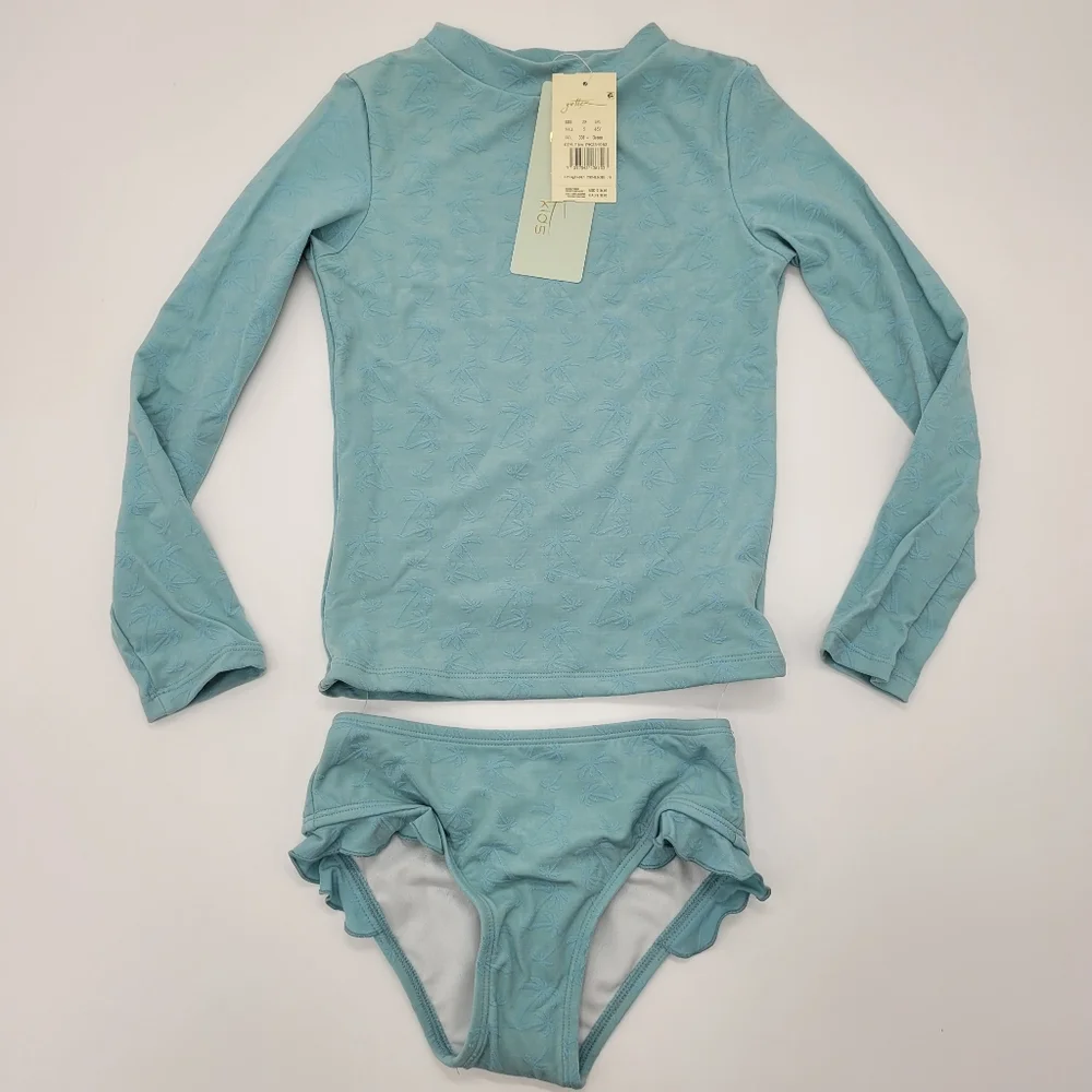 Gottex Kids Swim Set Long Sleeve Rashgaurd Teal Blue Palm Print Size 5 NEW